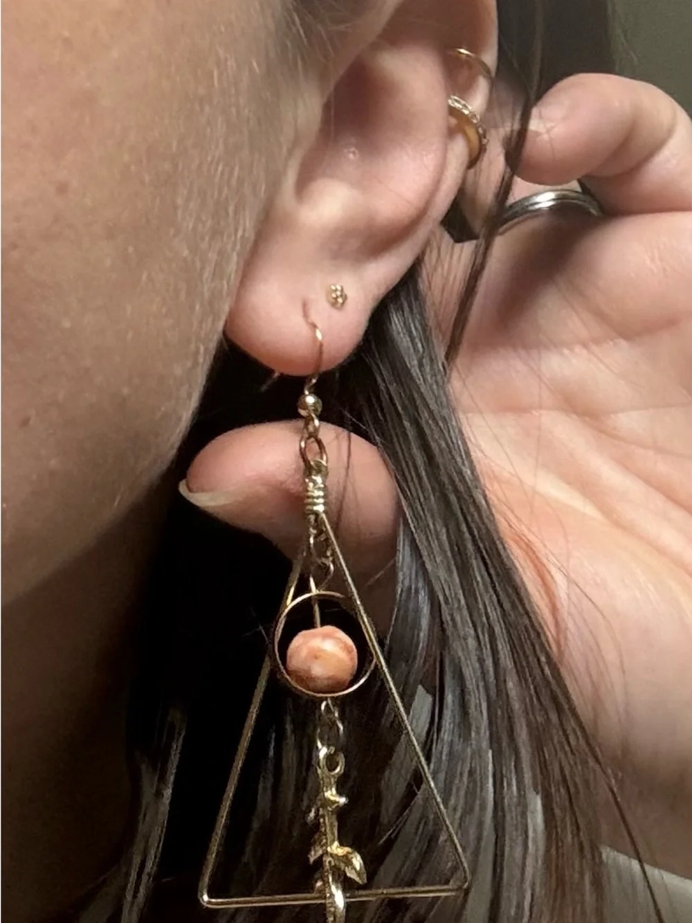 Gold Leaf Triangle Drop Earrings with Peach Marble Bead